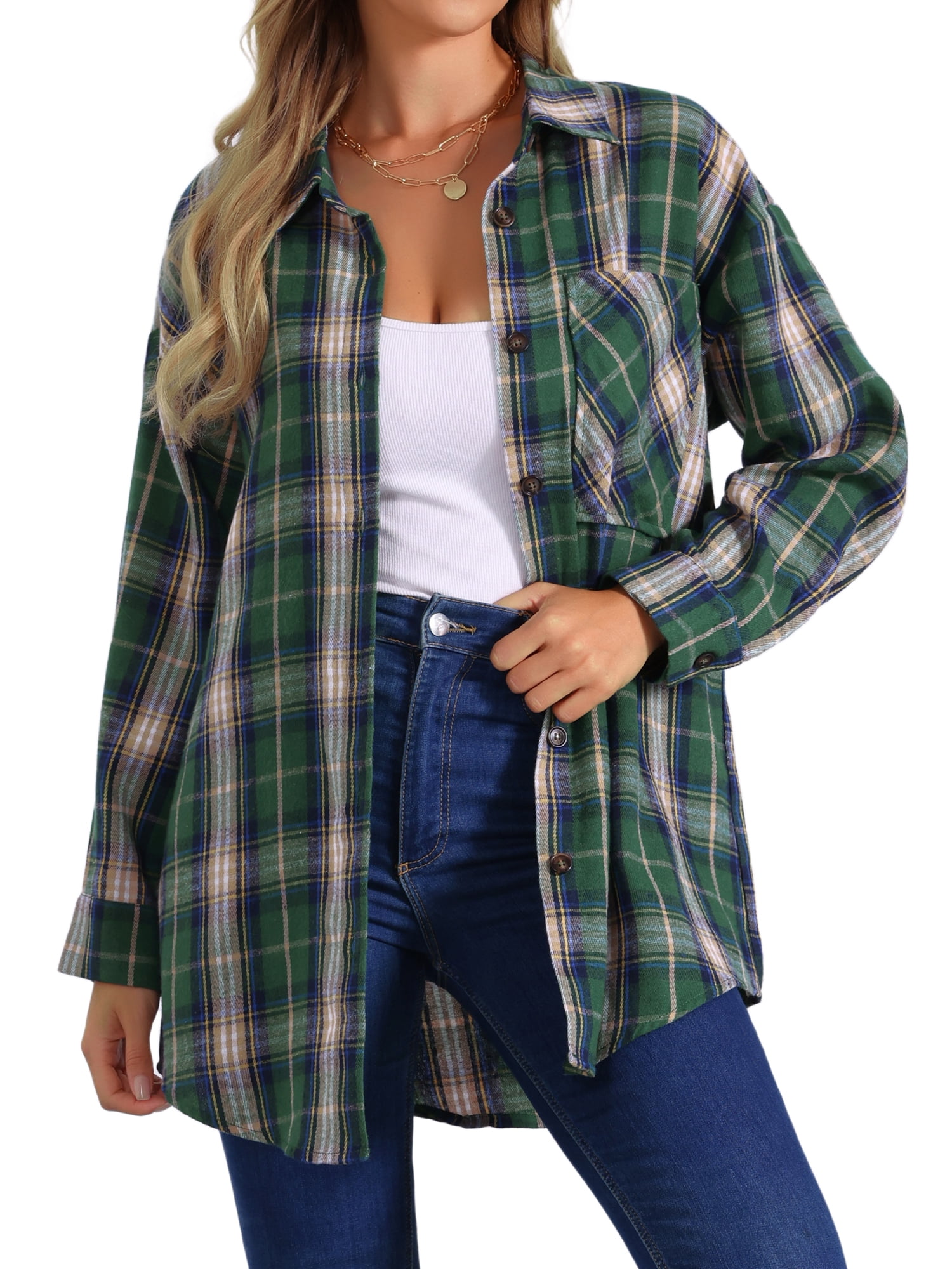 DARING DIVA Women's Long Sleeve Plaid Button Down Shirt Blouse Top XS Green