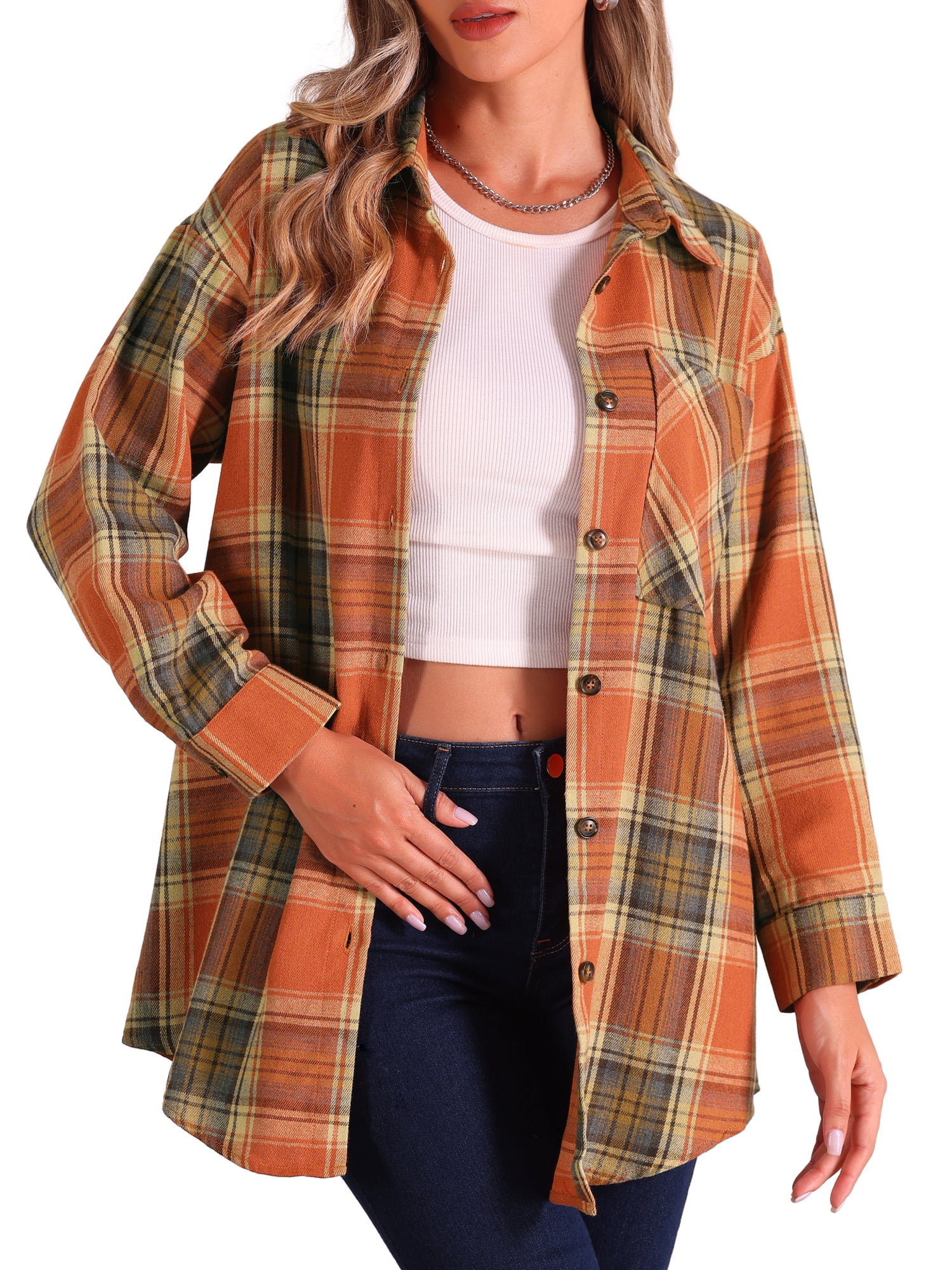 DARING DIVA Women's Long Sleeve Plaid Button Down Shirt Blouse Top XS Orange