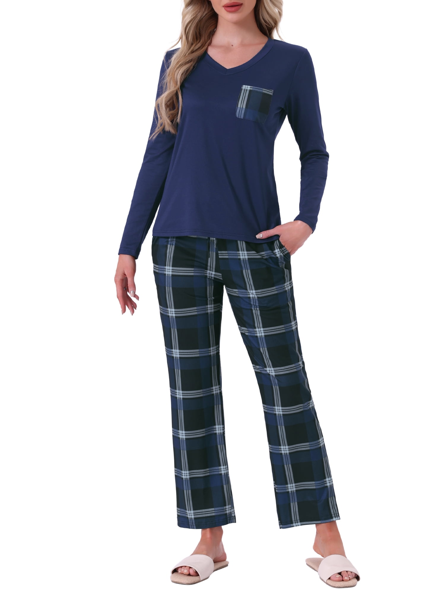 DARING DIVA Women's  Long Sleeve Plaid Soft Fall Pajama Set with Pockets L Blue