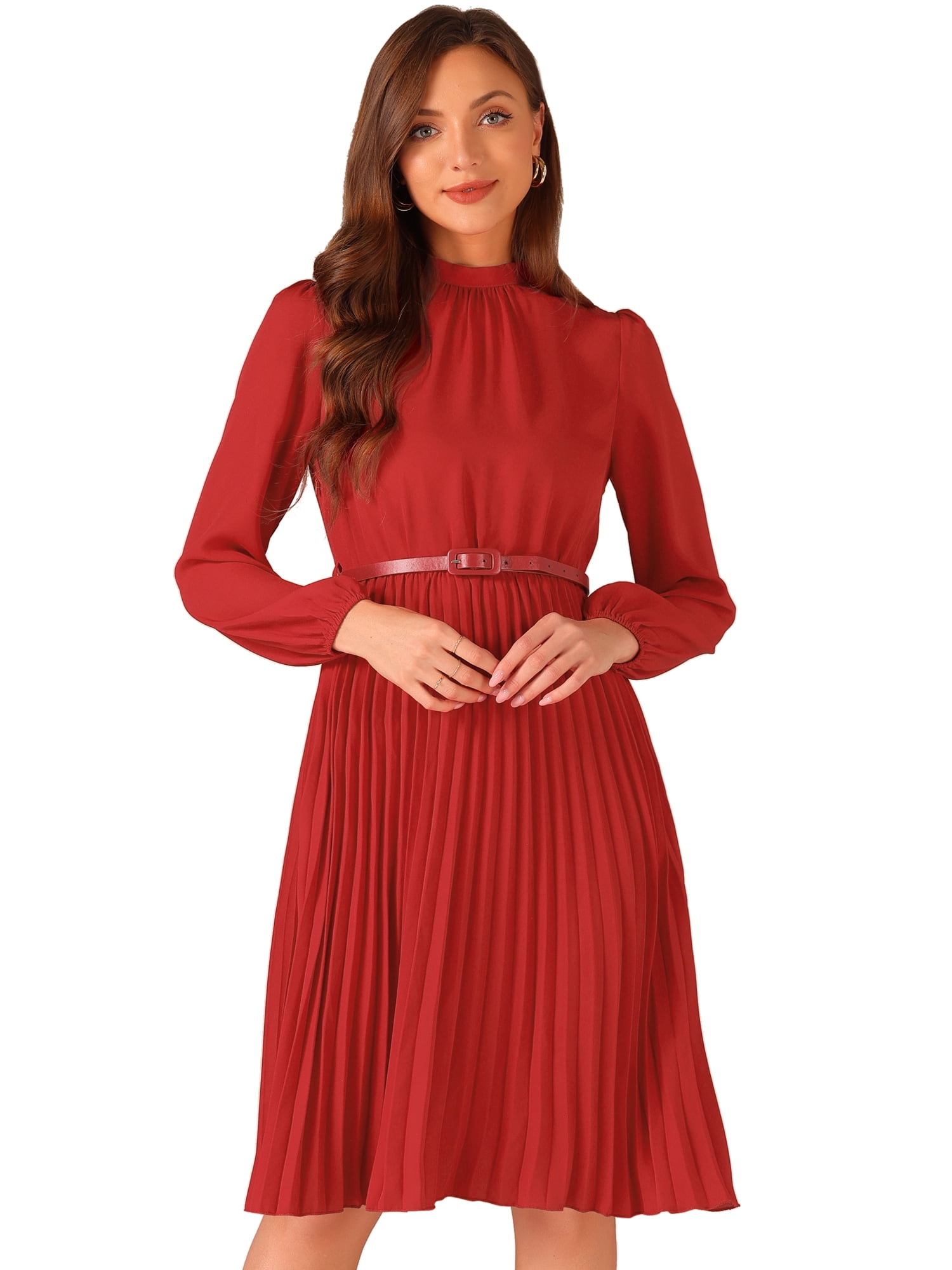 DARING DIVA Women's Long Sleeve Pleated Midi Shirt Dresses XL Red