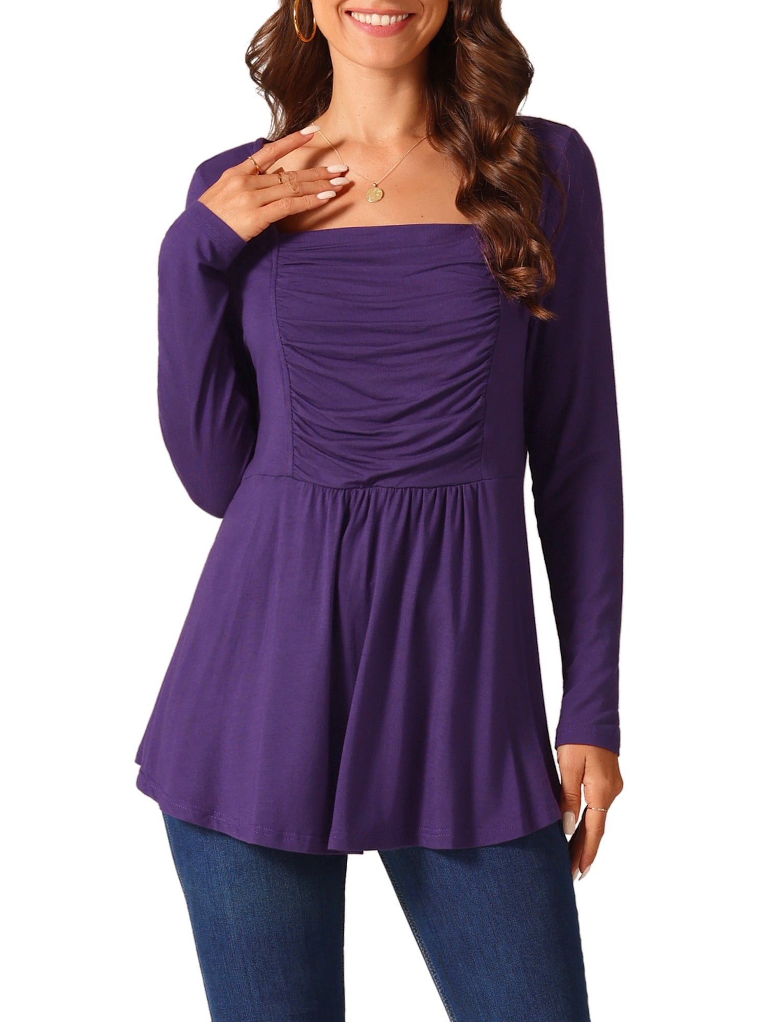 DARING DIVA Women's Long Sleeve Pleated Blouse Square Neck Babydoll Tops S Purple
