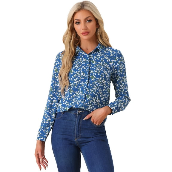 DARING DIVA Women's Long Sleeve Point Collar Ditsy Floral Shirt L Deep Blue