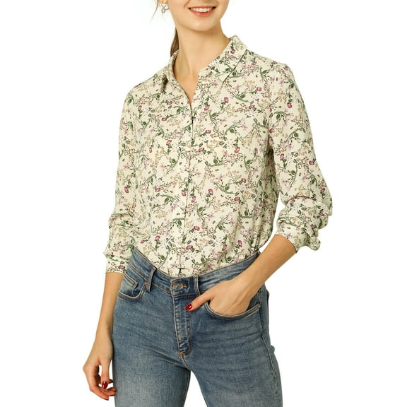 DARING DIVA Women's Long Sleeve Point Collar Ditsy Floral Shirt M Beige
