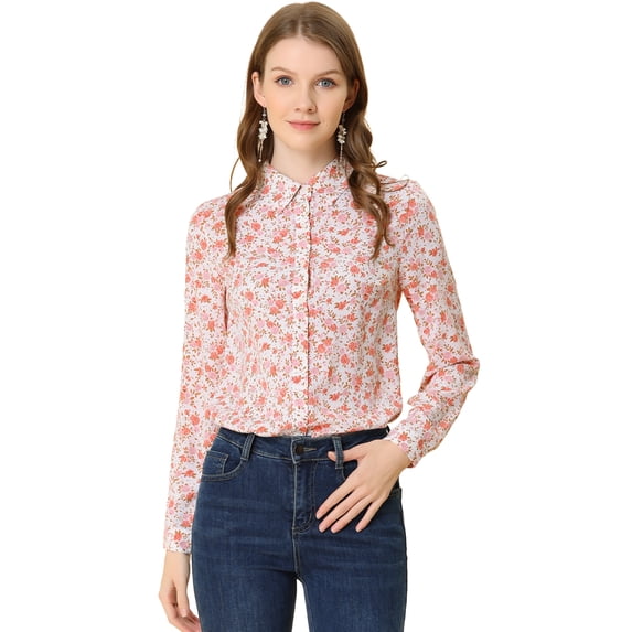 DARING DIVA Women's Long Sleeve Point Collar Ditsy Floral Shirt M White-Pink Floral
