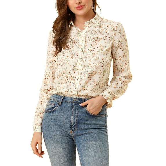 DARING DIVA Women's Long Sleeve Point Collar Ditsy Floral Shirt M White