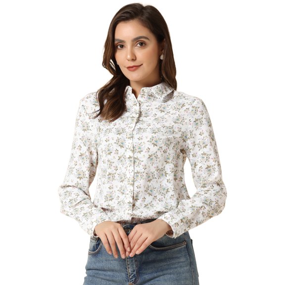 DARING DIVA Women's Long Sleeve Point Collar Ditsy Floral Shirt S White Floral