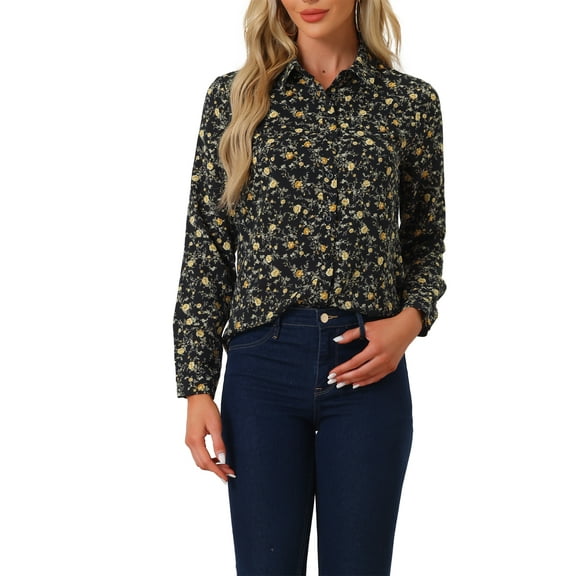 DARING DIVA Women's Long Sleeve Point Collar Ditsy Floral Shirt XL Black-White Floral