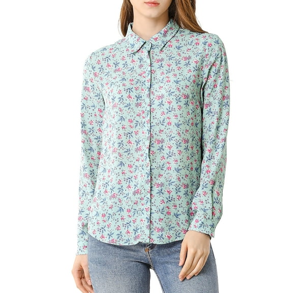 DARING DIVA Women's Long Sleeve Point Collar Ditsy Floral Shirt XL Blue