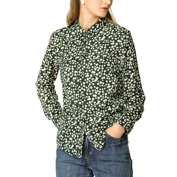 DARING DIVA Women's Long Sleeve Point Collar Ditsy Floral Shirt XL Dark Green