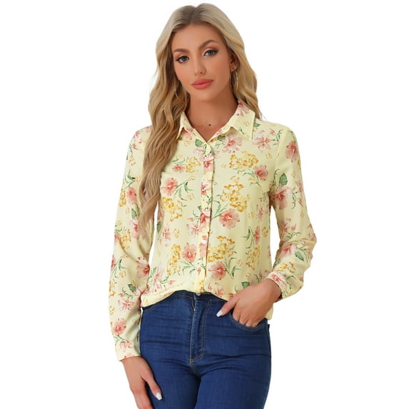 DARING DIVA Women's Long Sleeve Point Collar Ditsy Floral Shirt XL Light Yellow