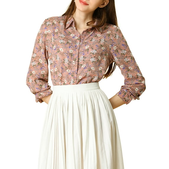 DARING DIVA Women's Long Sleeve Point Collar Ditsy Floral Shirt XS Pink