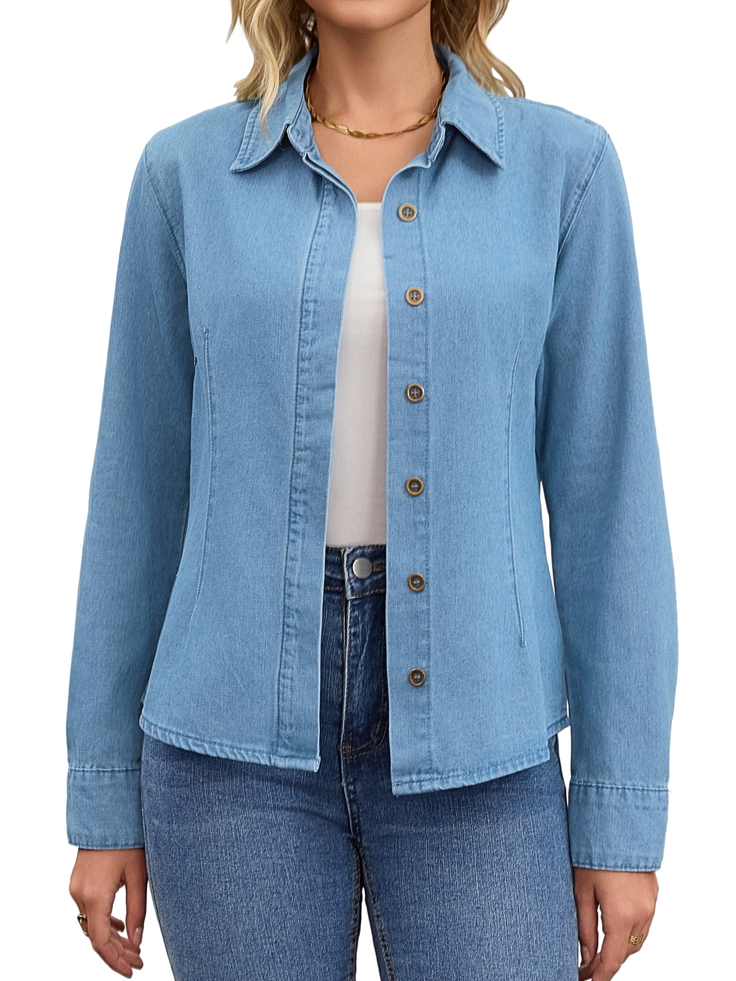DARING DIVA Women's Long Sleeve Point Collar Fitted Button Down Denim Shirt M Blue