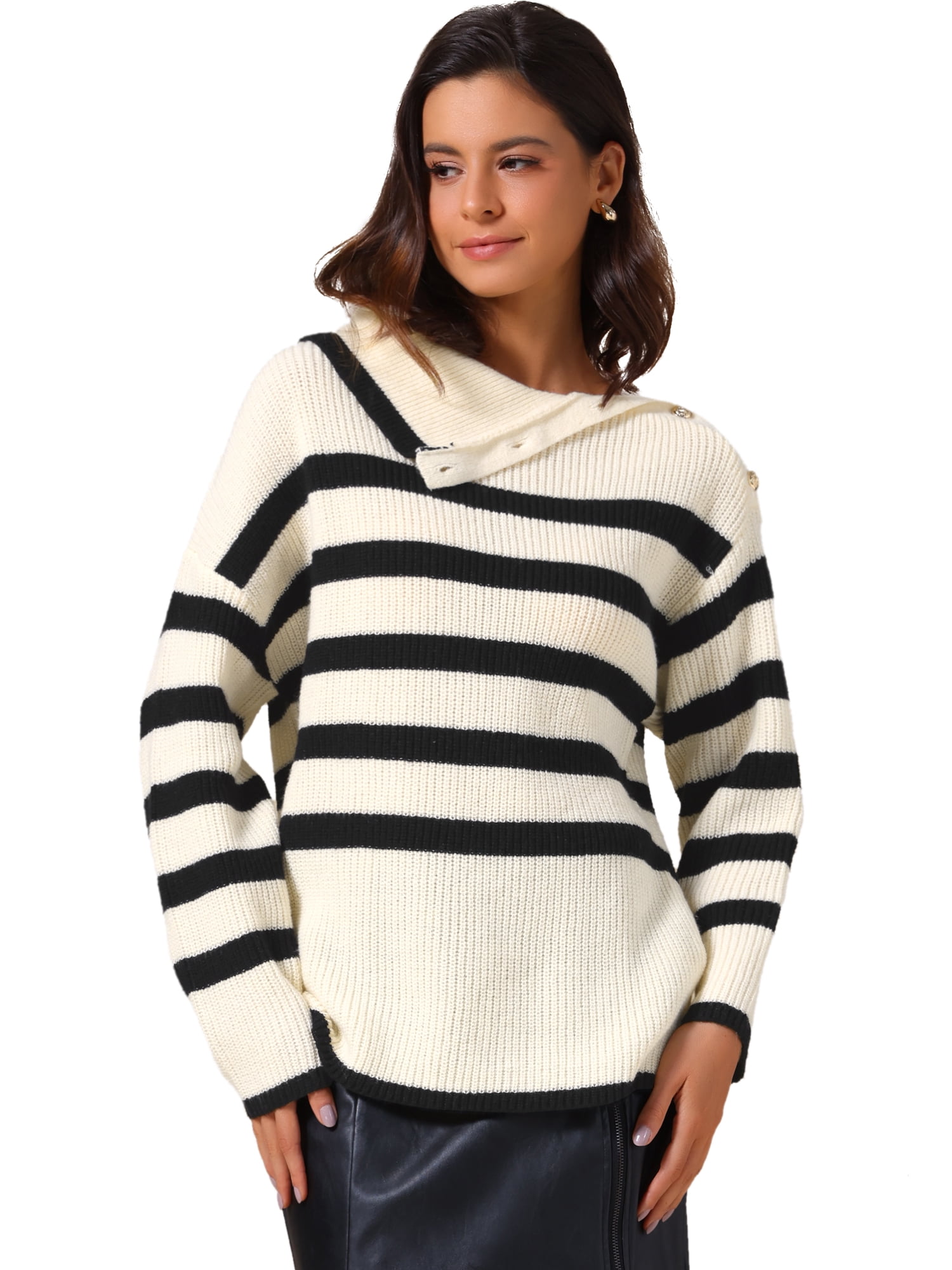 DARING DIVA Women's Long Sleeve Pullover Striped Color Block Sweater L Apricot