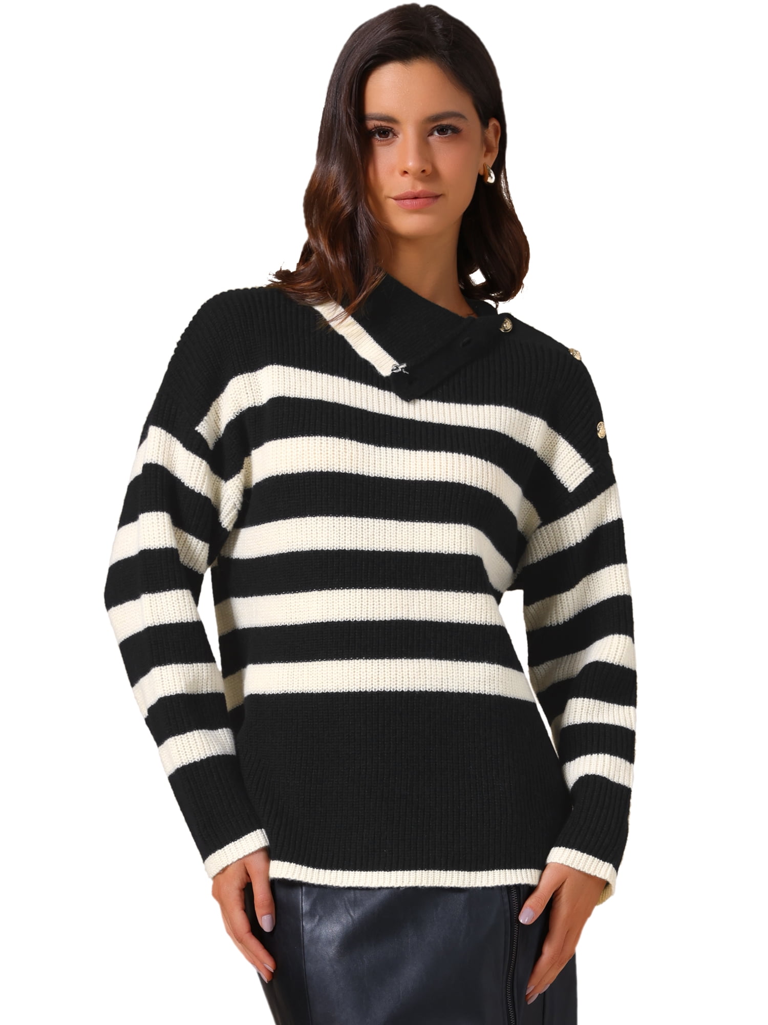 DARING DIVA Women's Long Sleeve Pullover Striped Color Block Sweater S Black