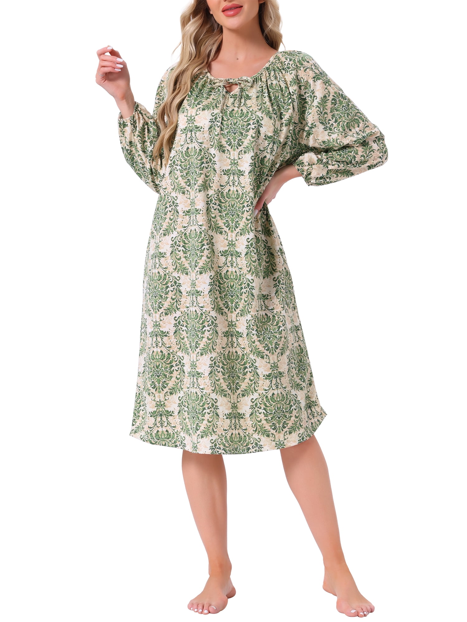 DARING DIVA Women's Long Sleeve Round Neck Nightshirt with Pocket S Green Floral