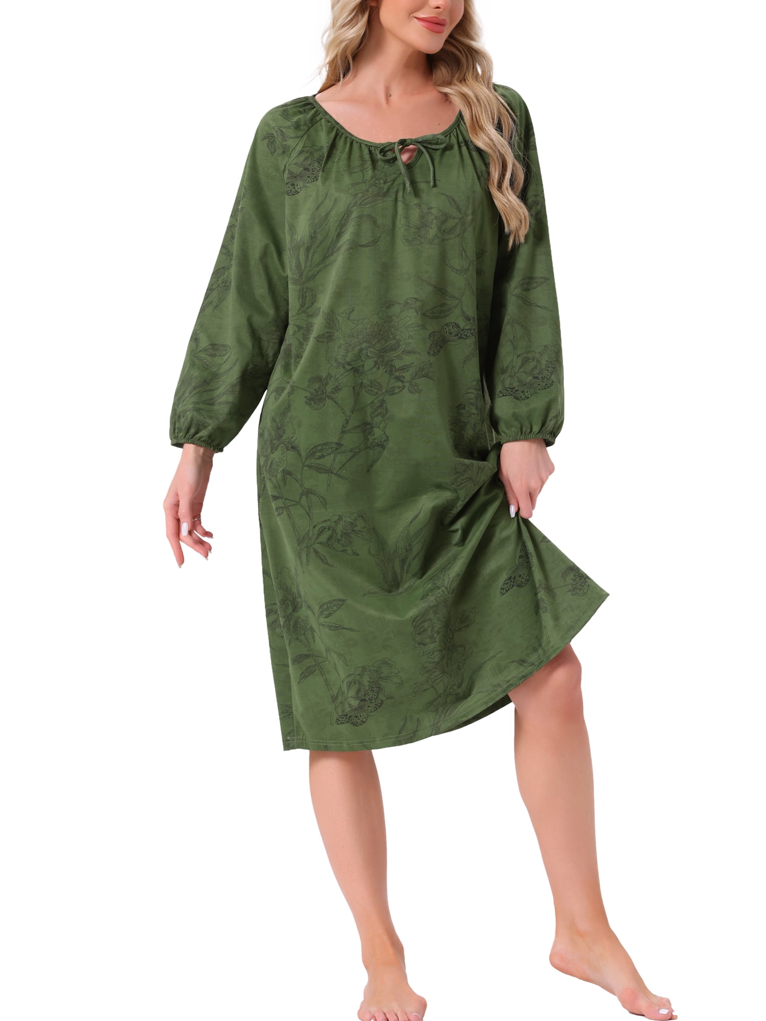 DARING DIVA Women's Long Sleeve Round Neck Tie Front Nightshirt with Pocket XL Green