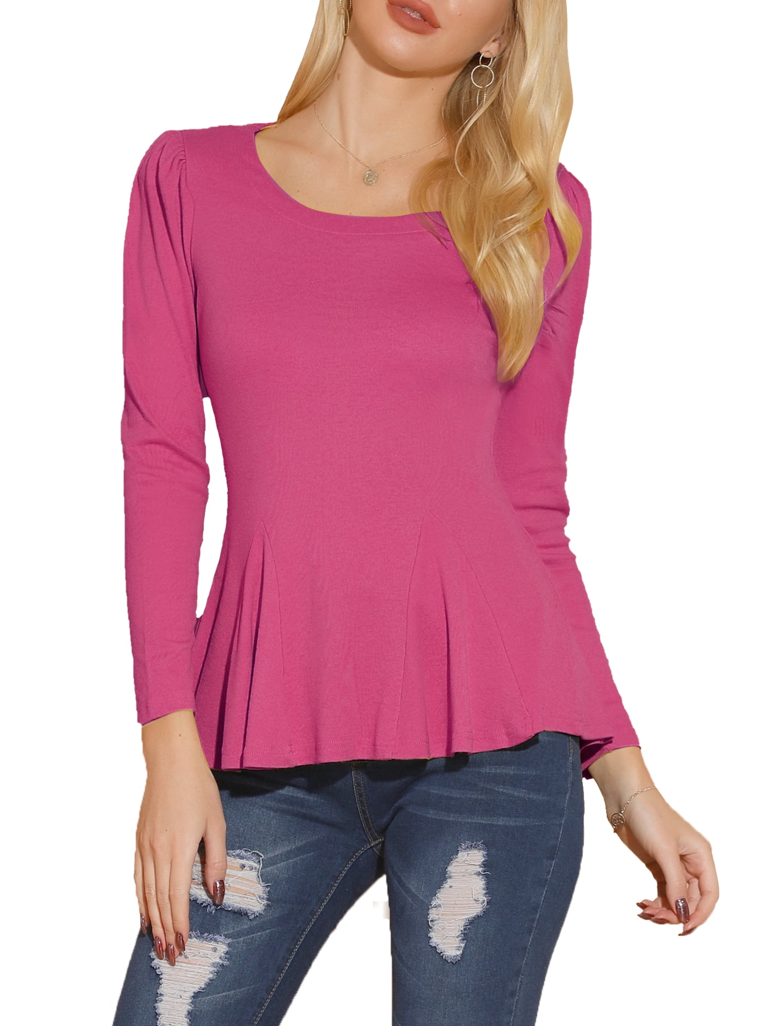 DARING DIVA Women's Long Sleeve Scoop Neck Top S Magenta