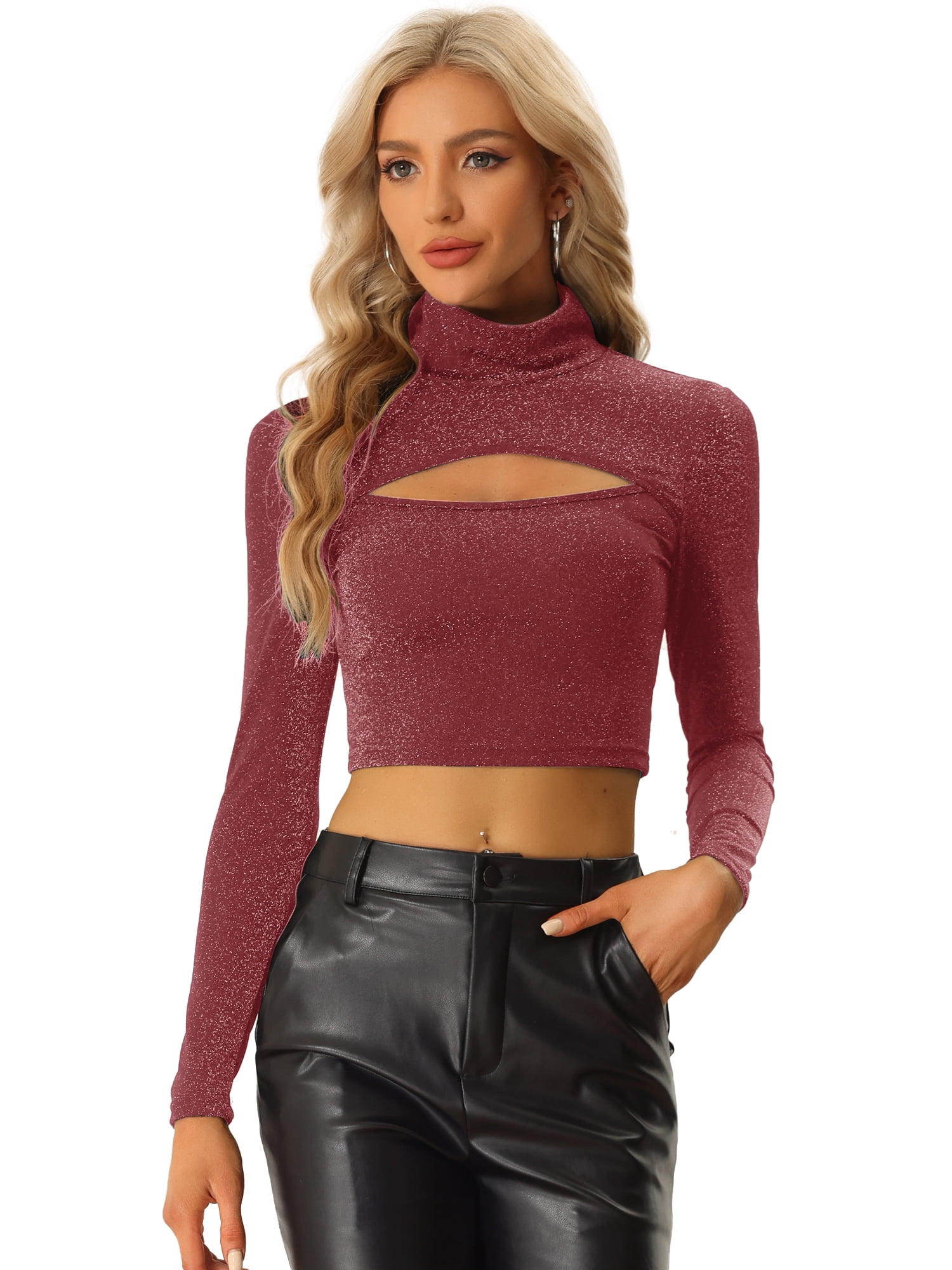 DARING DIVA Women's Long Sleeve Slim Fit Mock Neck Cutout Crop Top XL Dark Red