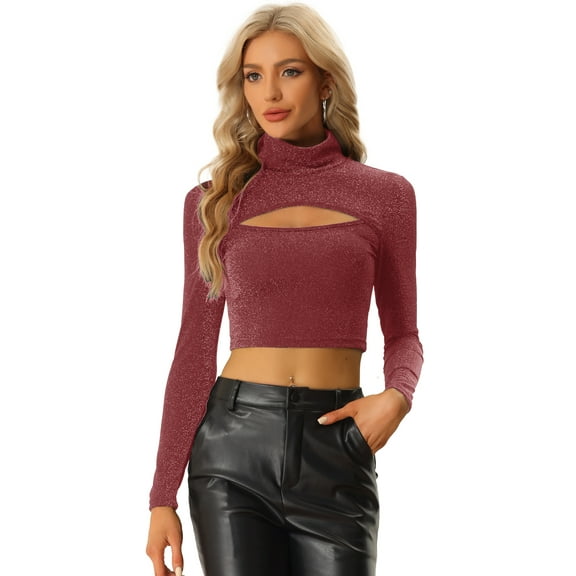 DARING DIVA Women's Long Sleeve Slim Fit Mock Neck Cutout Crop Top XL Dark Red
