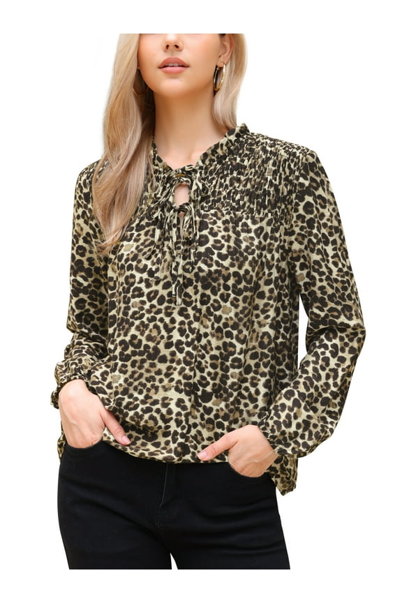 Women's Long Sleeve Smocked Tie Neck Casual Blouse XS Leopard Print