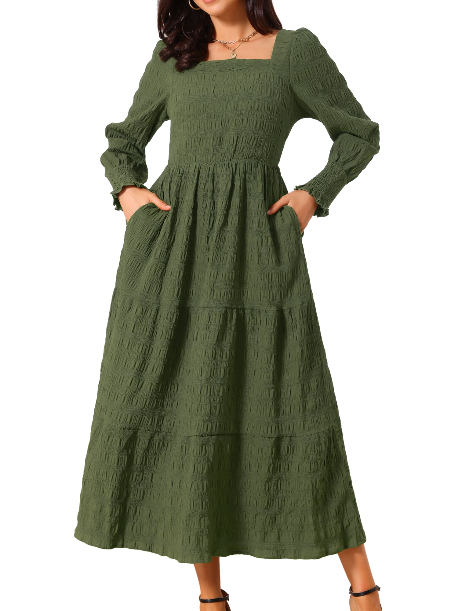 DARING DIVA Women's Long Sleeve Square Neck Flowy Tiered Maxi Dress L Green