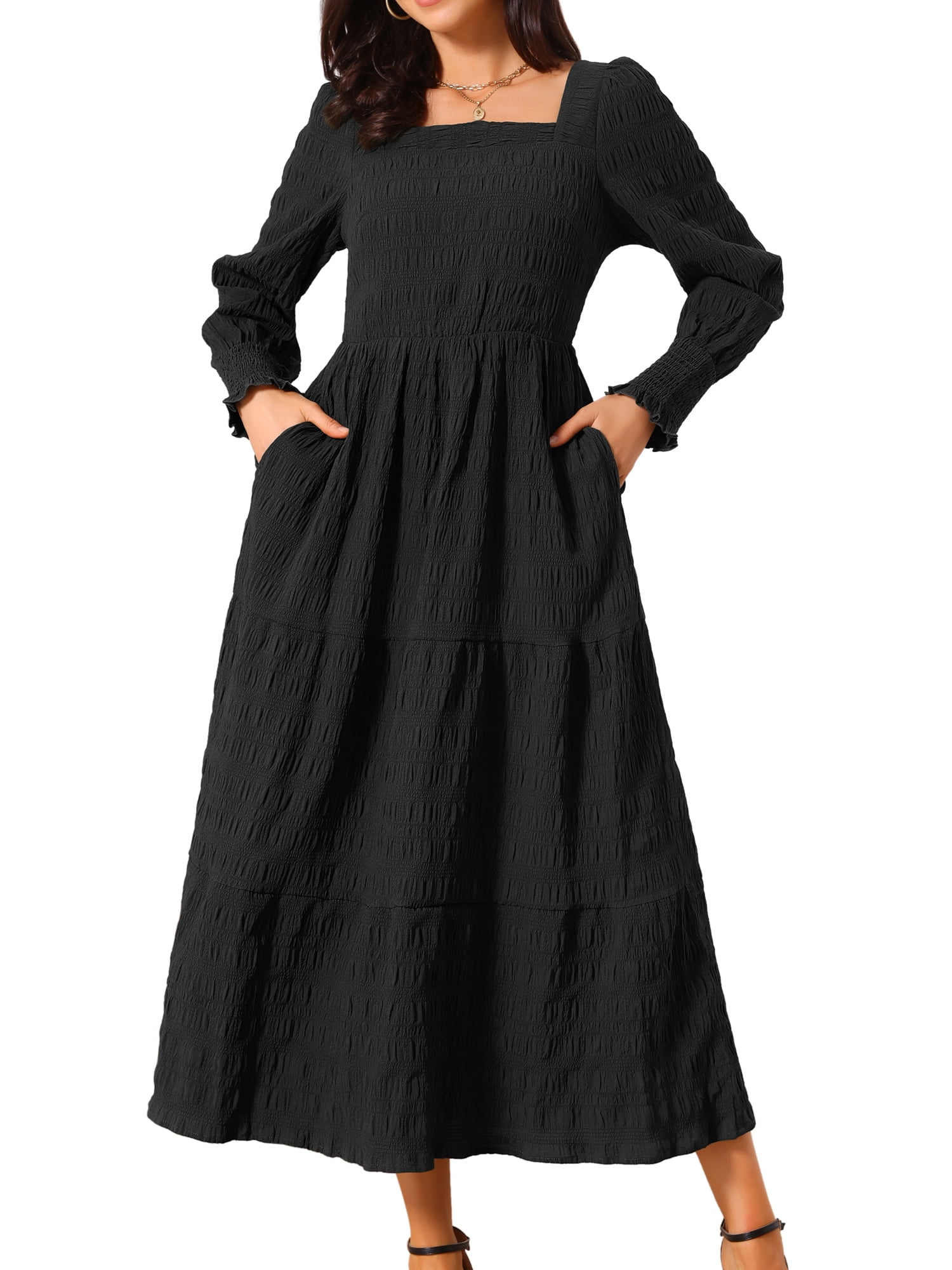 DARING DIVA Women's Long Sleeve Square Neck Flowy Tiered Maxi Dress M Black