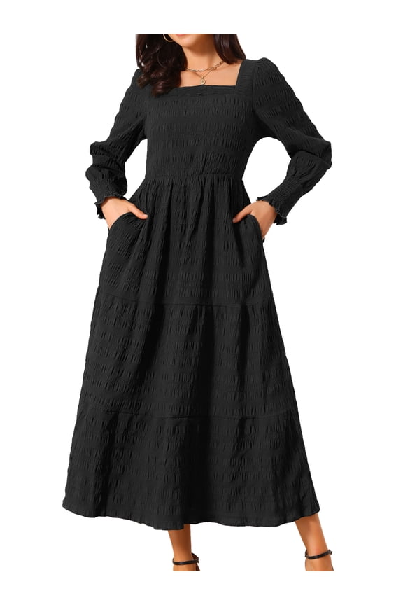Women's Long Sleeve Square Neck Flowy Tiered Maxi Dress M Black