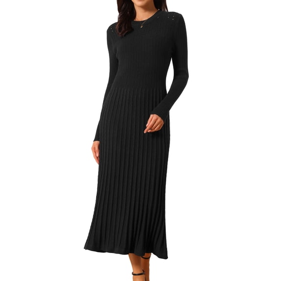 DARING DIVA Women's Long Sleeve Sweater Fall Crewneck Ribbed Knit Dress L Black