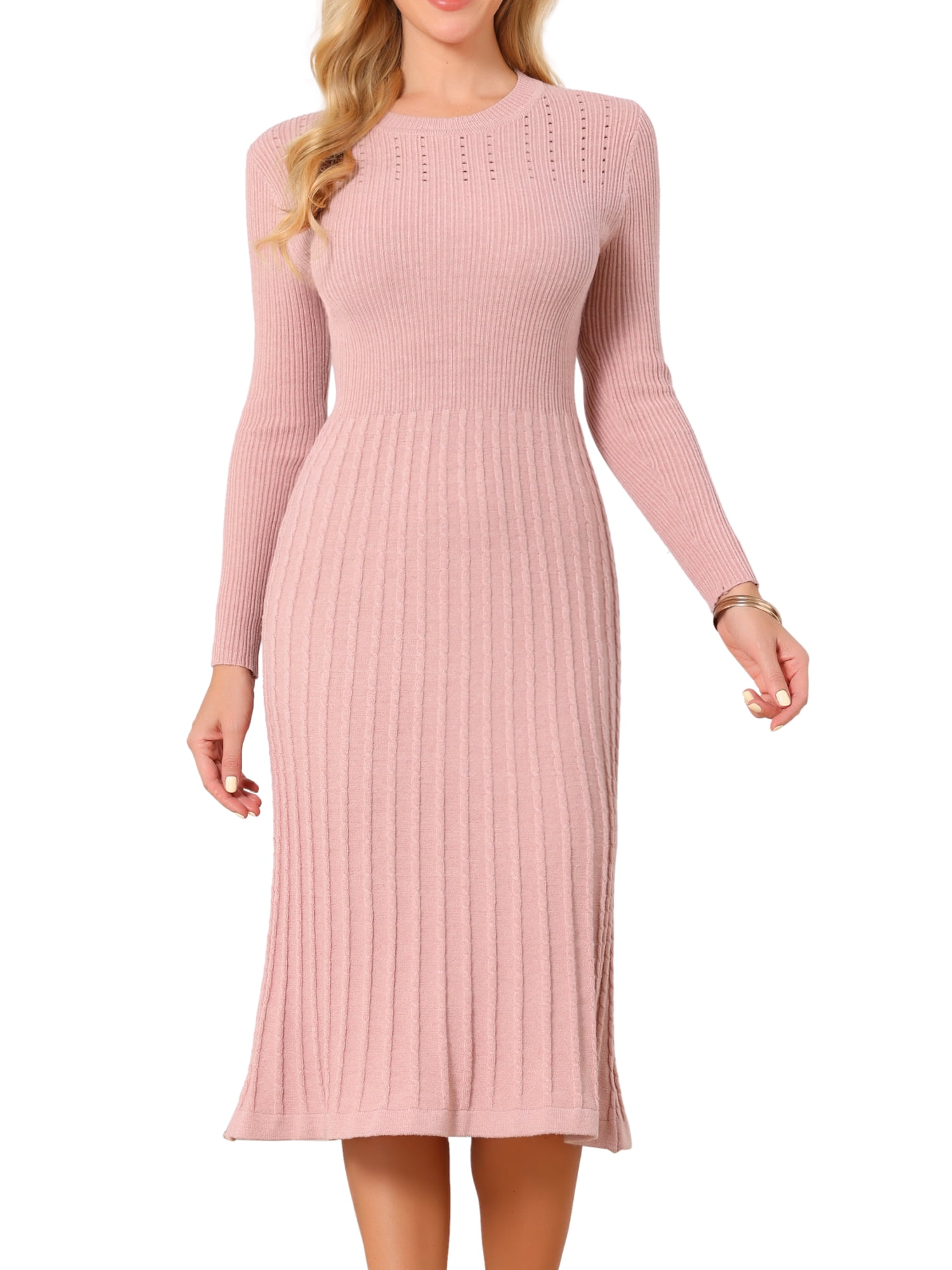 DARING DIVA Women's Long Sleeve Sweater Fall Crewneck Ribbed Knit Dress L Pink