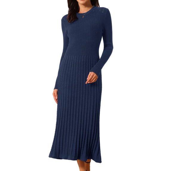 DARING DIVA Women's Long Sleeve Sweater Fall Crewneck Ribbed Knit Dress M Dark Blue