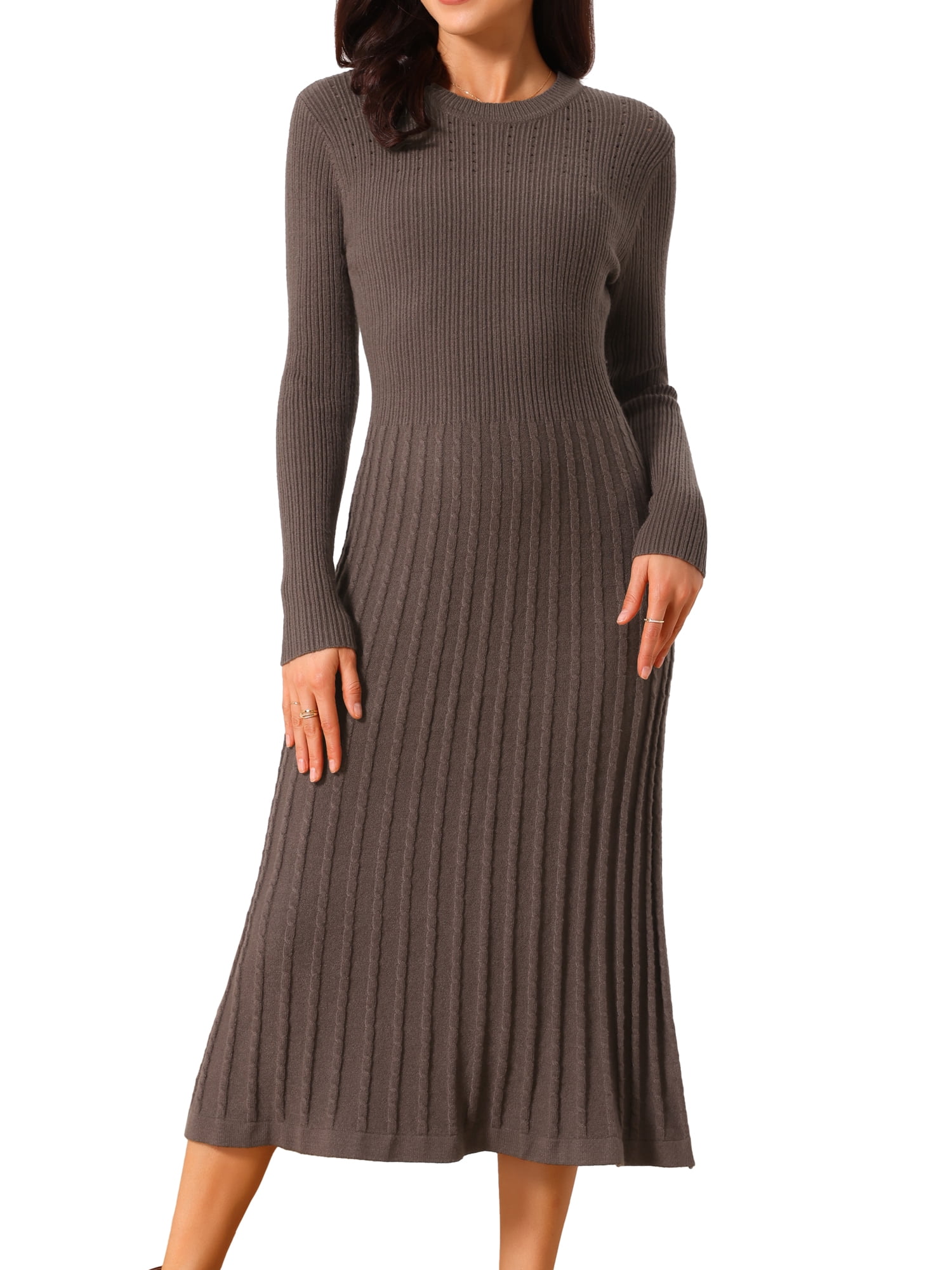 DARING DIVA Women's Long Sleeve Sweater Fall Crewneck Ribbed Knit Dress S Coffee