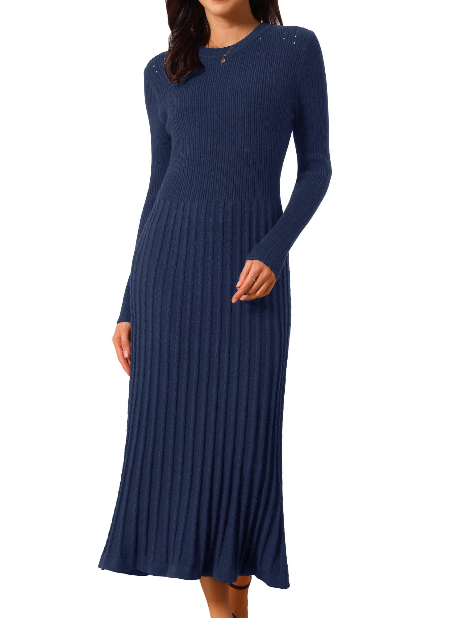 DARING DIVA Women's Long Sleeve Sweater Fall Crewneck Ribbed Knit Dress S Dark Blue