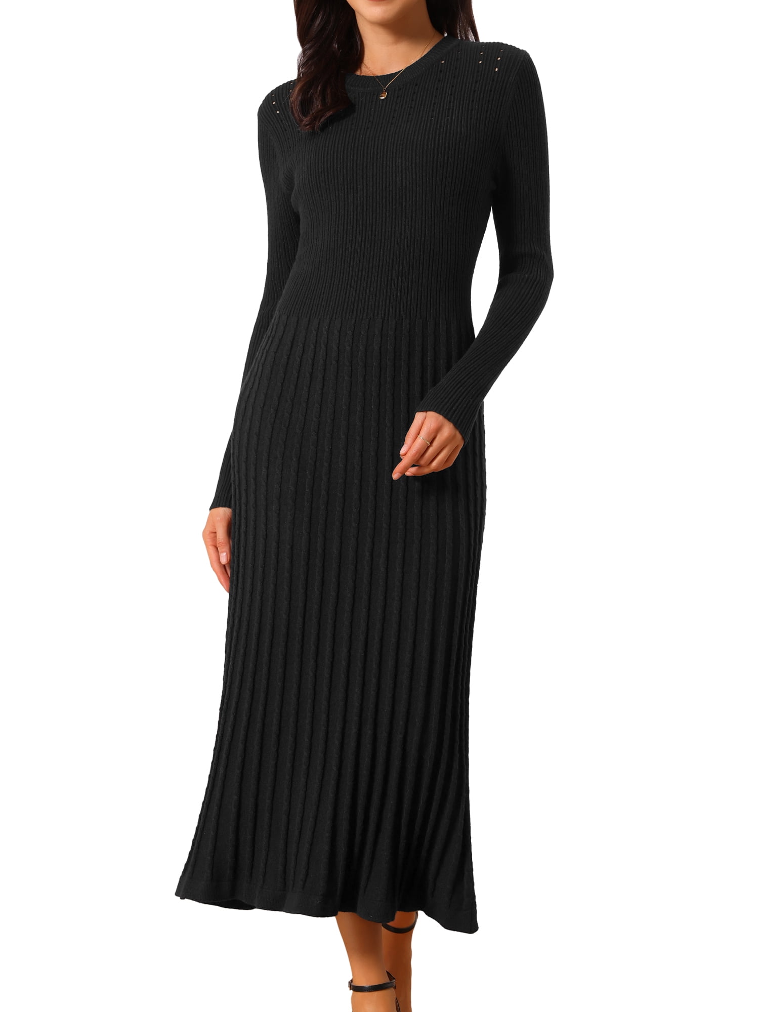 DARING DIVA Women's Long Sleeve Sweater Fall Crewneck Ribbed Knit Dress XL Black