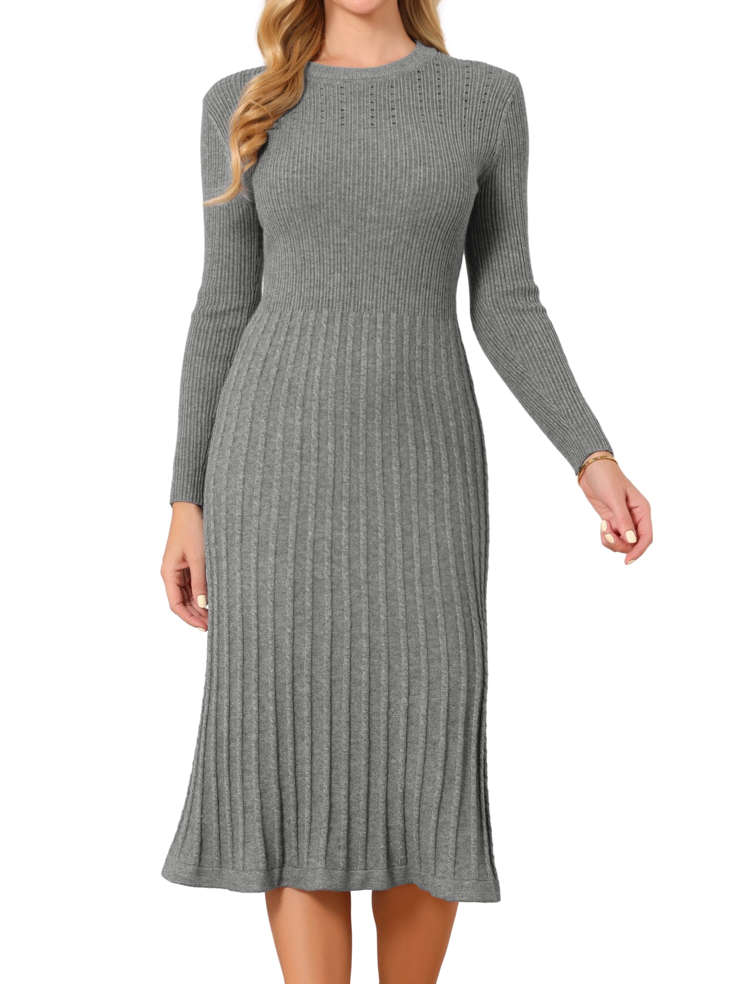 DARING DIVA Women's Long Sleeve Sweater Fall Crewneck Ribbed Knit Dress XL Grey