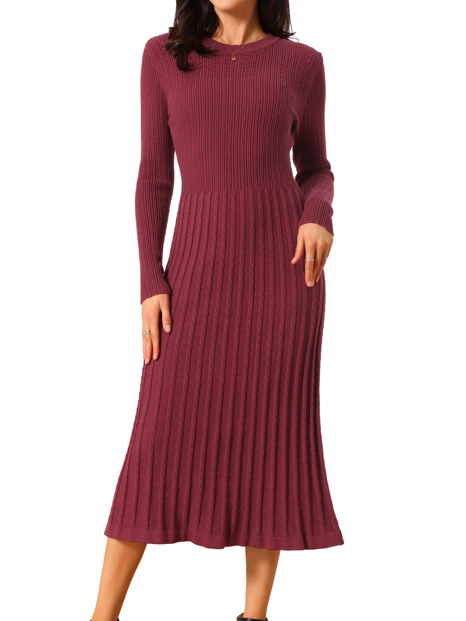 DARING DIVA Women's Long Sleeve Sweater Fall Crewneck Ribbed Knit Dress XL Wine Red