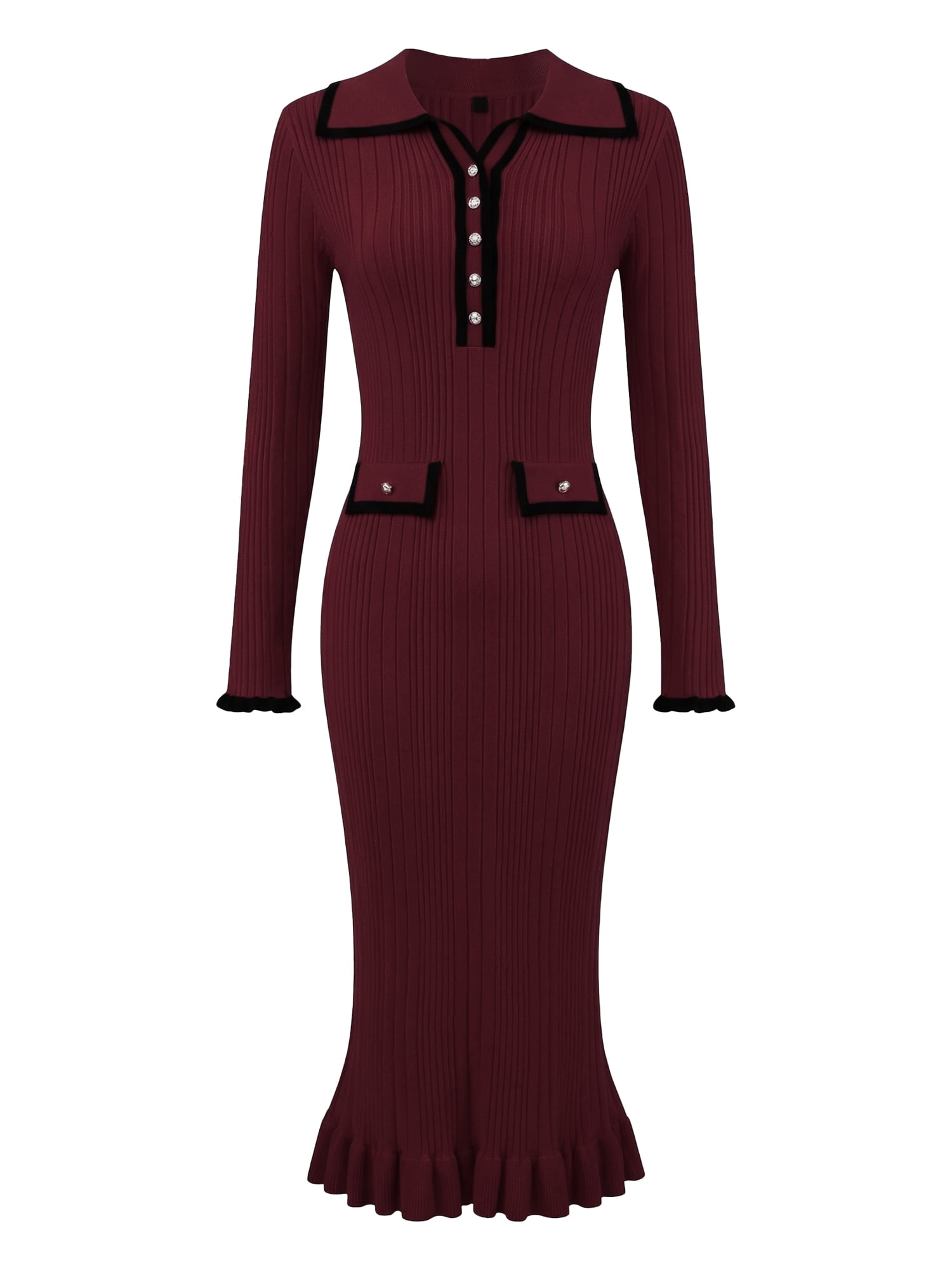 DARING DIVA Women's Long Sleeve Sweater Ruffled Trim Dress 2XL Burgundy