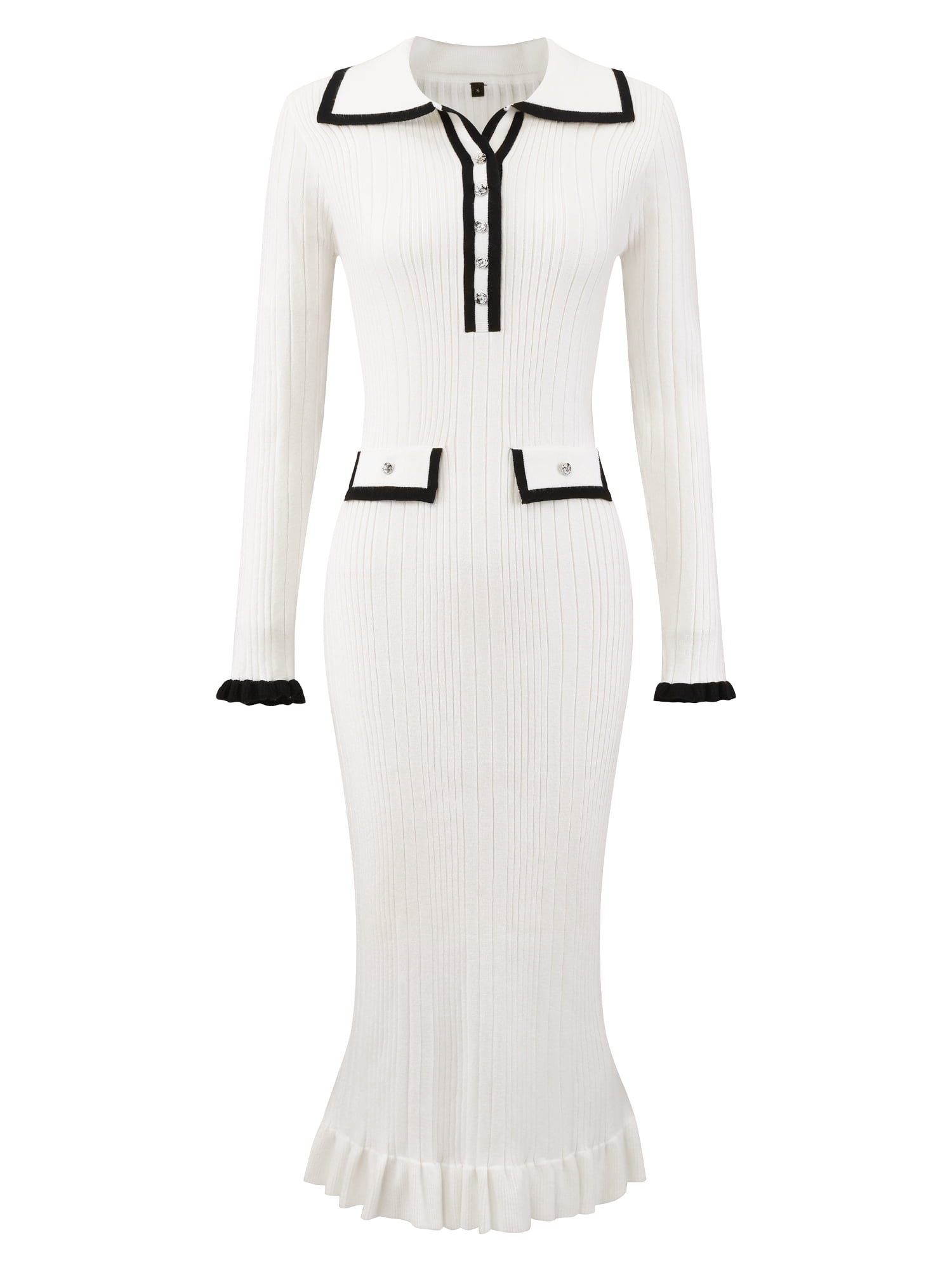 DARING DIVA Women's Long Sleeve Sweater Ruffled Trim Dress 2XL White