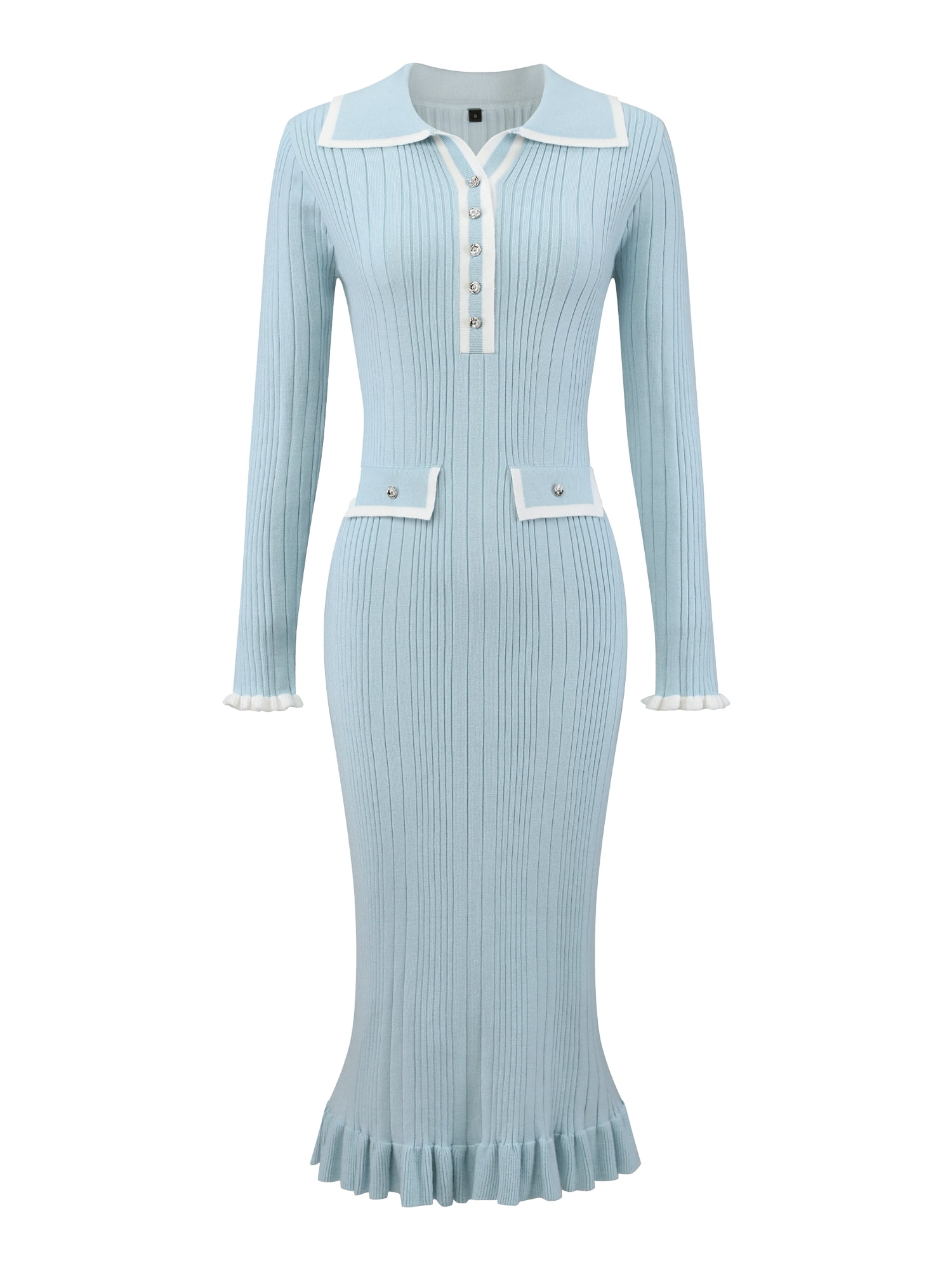 DARING DIVA Women's Long Sleeve Sweater Ruffled Trim Dress S Light Blue