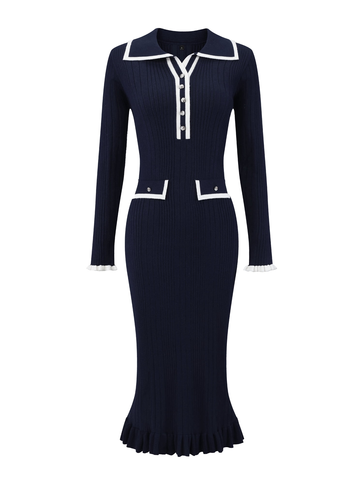 DARING DIVA Women's Long Sleeve Sweater Ruffled Trim Dress S Navy Blue