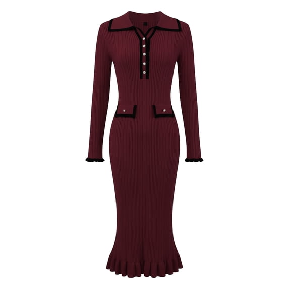 DARING DIVA Women's Long Sleeve Sweater Ruffled Trim Dress XL Burgundy