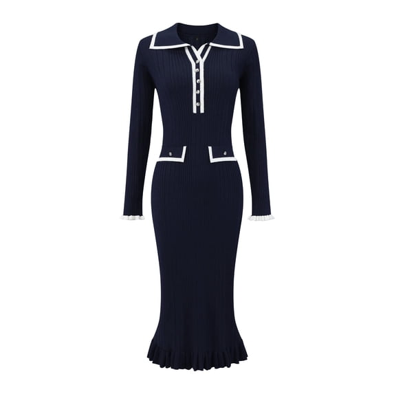 DARING DIVA Women's Long Sleeve Sweater Ruffled Trim Dress XL Navy Blue
