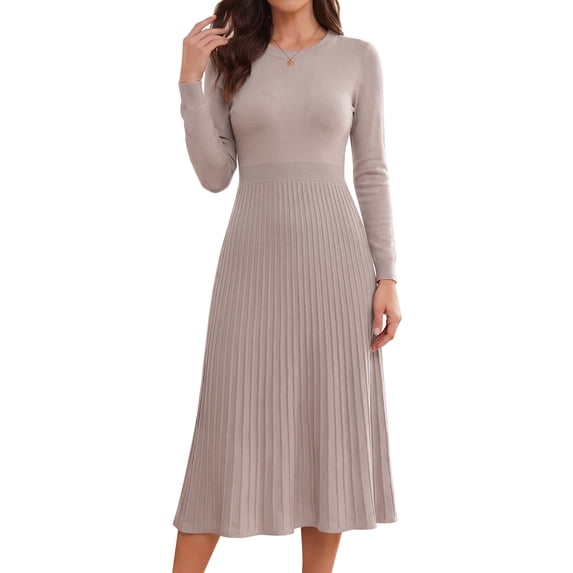 DARING DIVA Women's Long Sleeve Sweater with Knit A-Line Midi Design Dress M Khaki