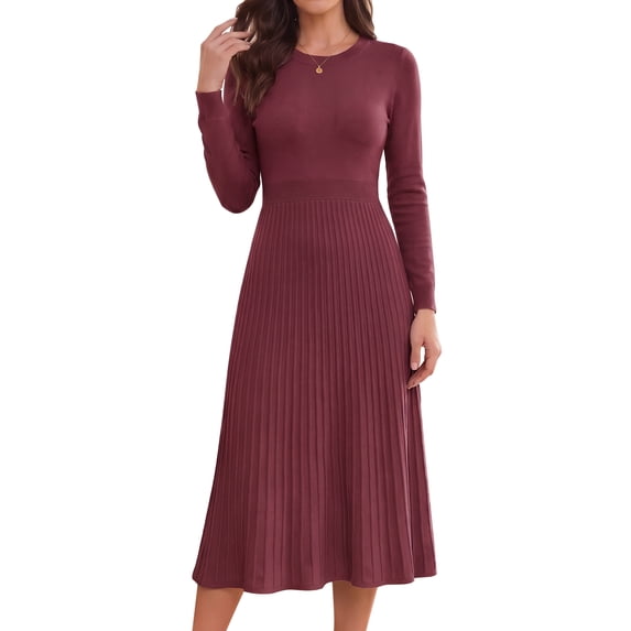 DARING DIVA Women's Long Sleeve Sweater with Knit A-Line Midi Design Dress S Wine Red