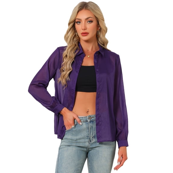 DARING DIVA Women's Long Sleeve Tops Button Down See Through Mesh Shirt M Dark Purple