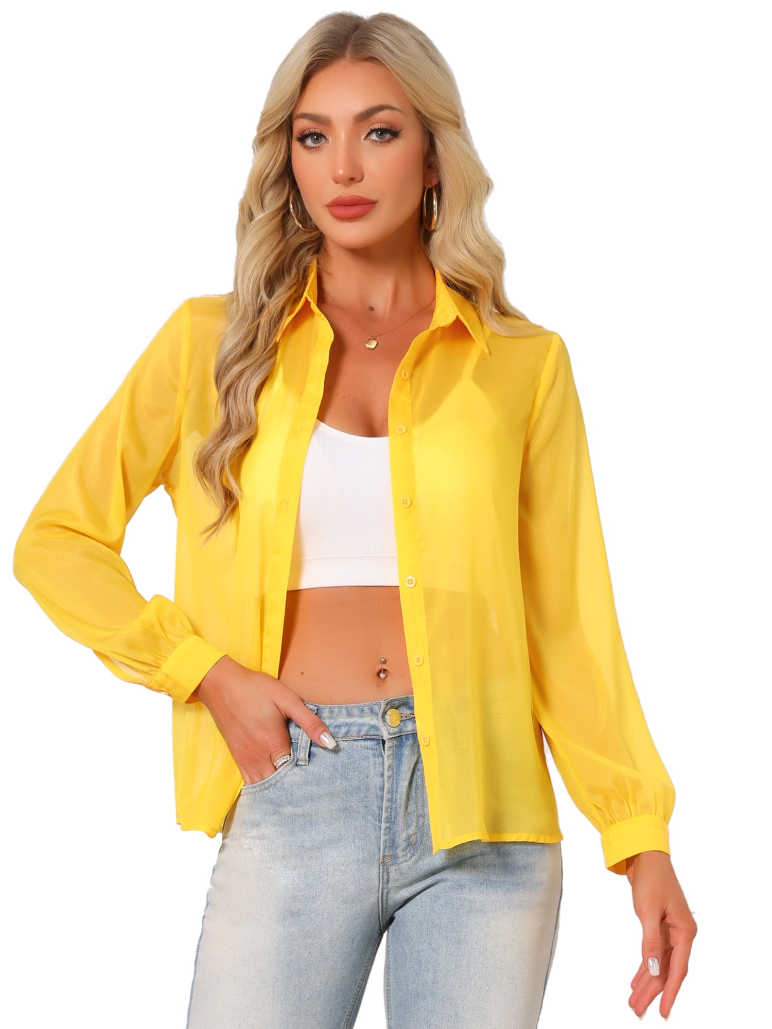 DARING DIVA Women's Long Sleeve Tops Button Down See Through Mesh Shirt M Yellow