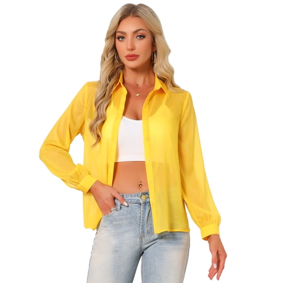 DARING DIVA Women's Long Sleeve Tops Button Down See Through Mesh Shirt M Yellow