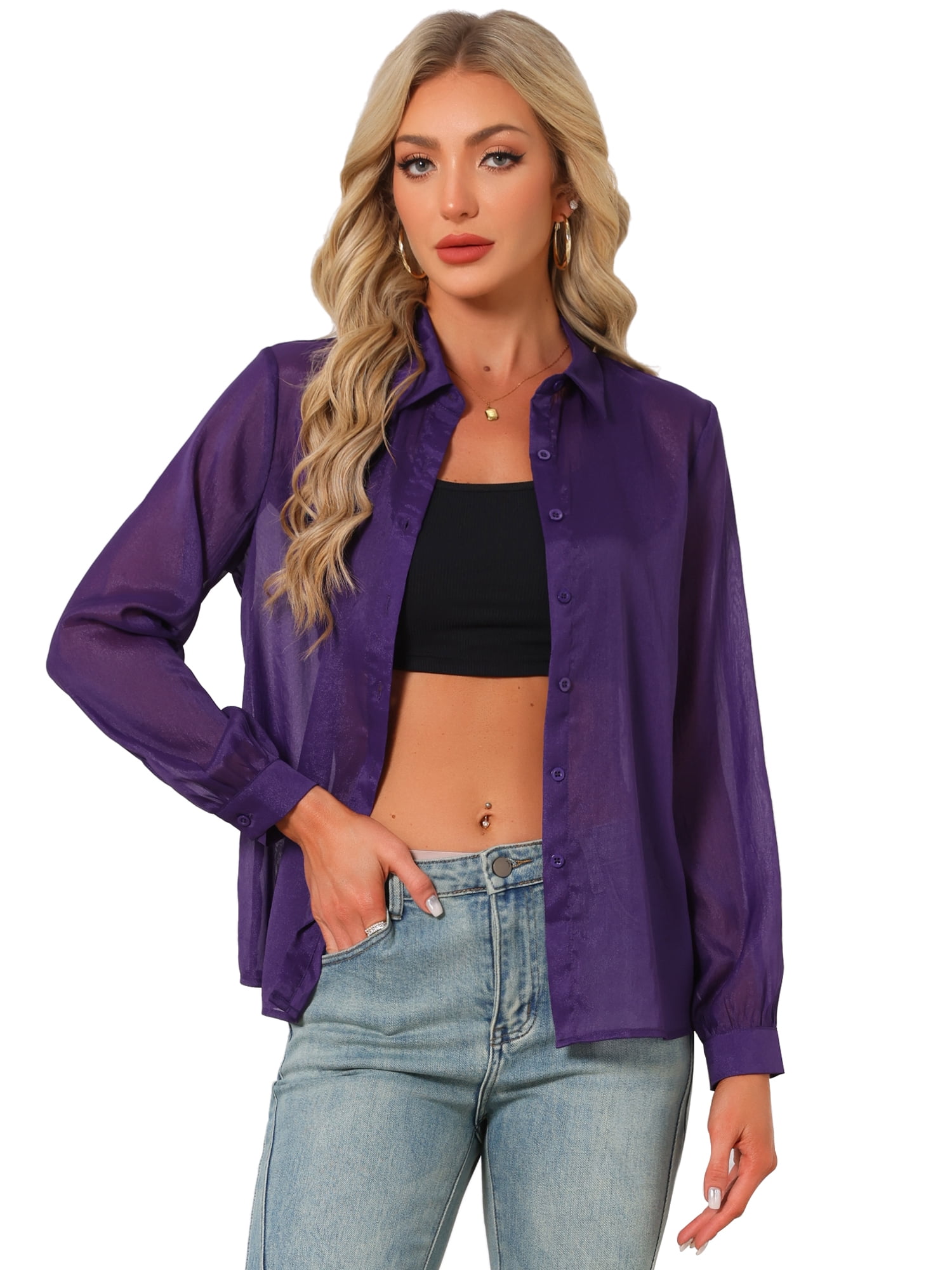 DARING DIVA Women's Long Sleeve Tops Button Down See Through Mesh Shirt S Dark Purple