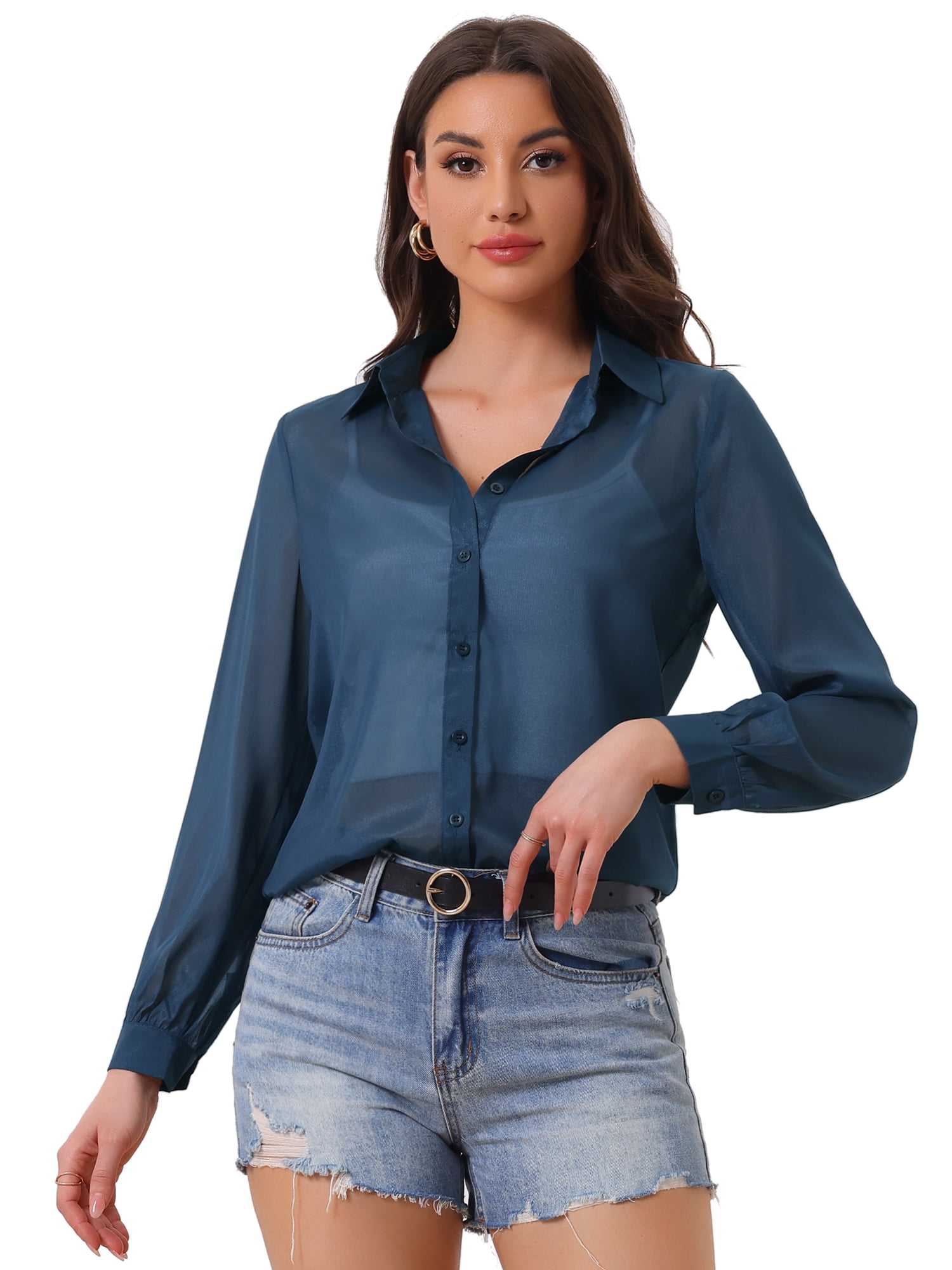 DARING DIVA Women's Long Sleeve Tops Button Down See Through Mesh Shirt XL Dark Blue
