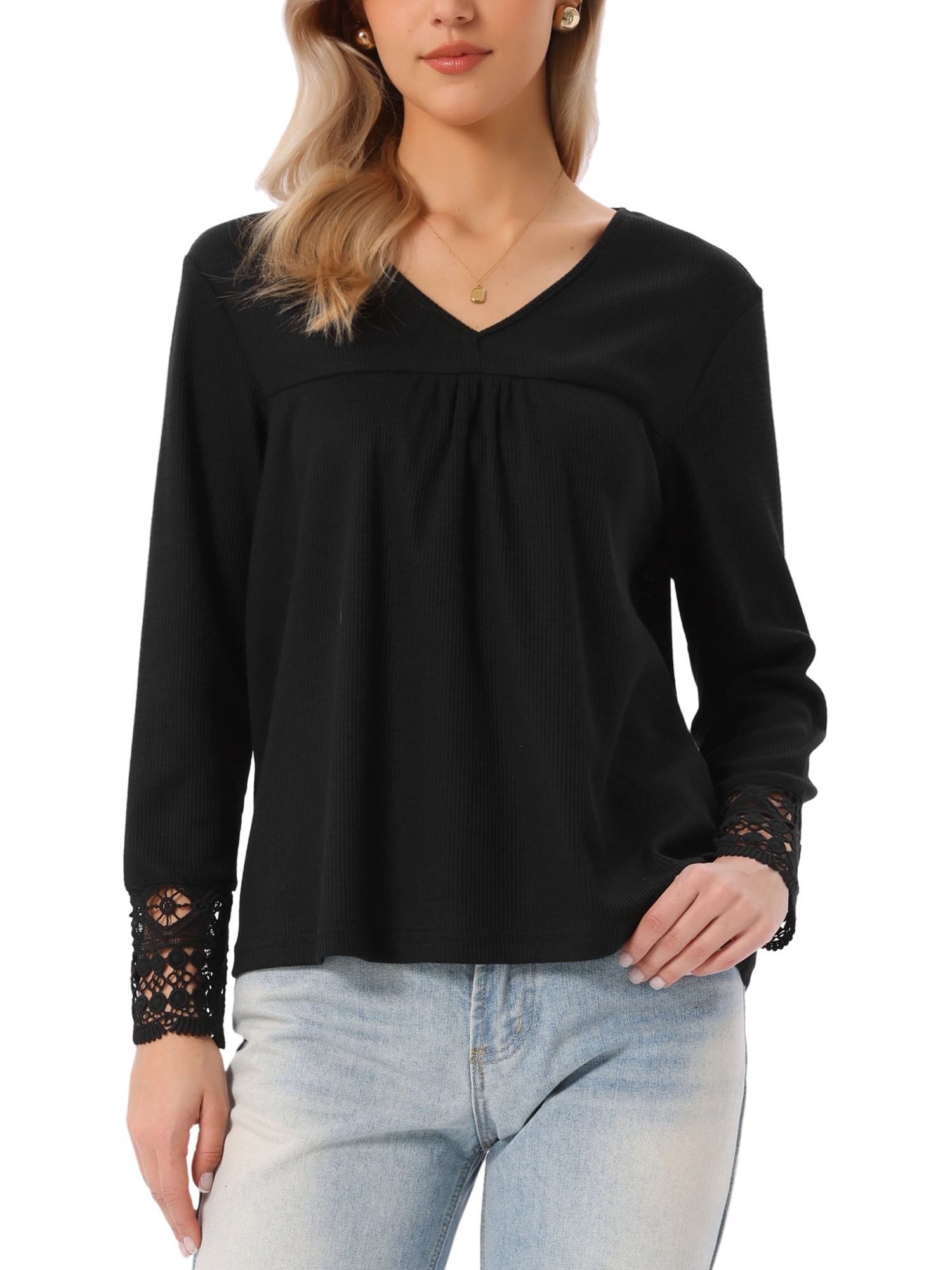 DARING DIVA Women's Long Sleeve V Neck Casual Tops Lace Blouses S Black