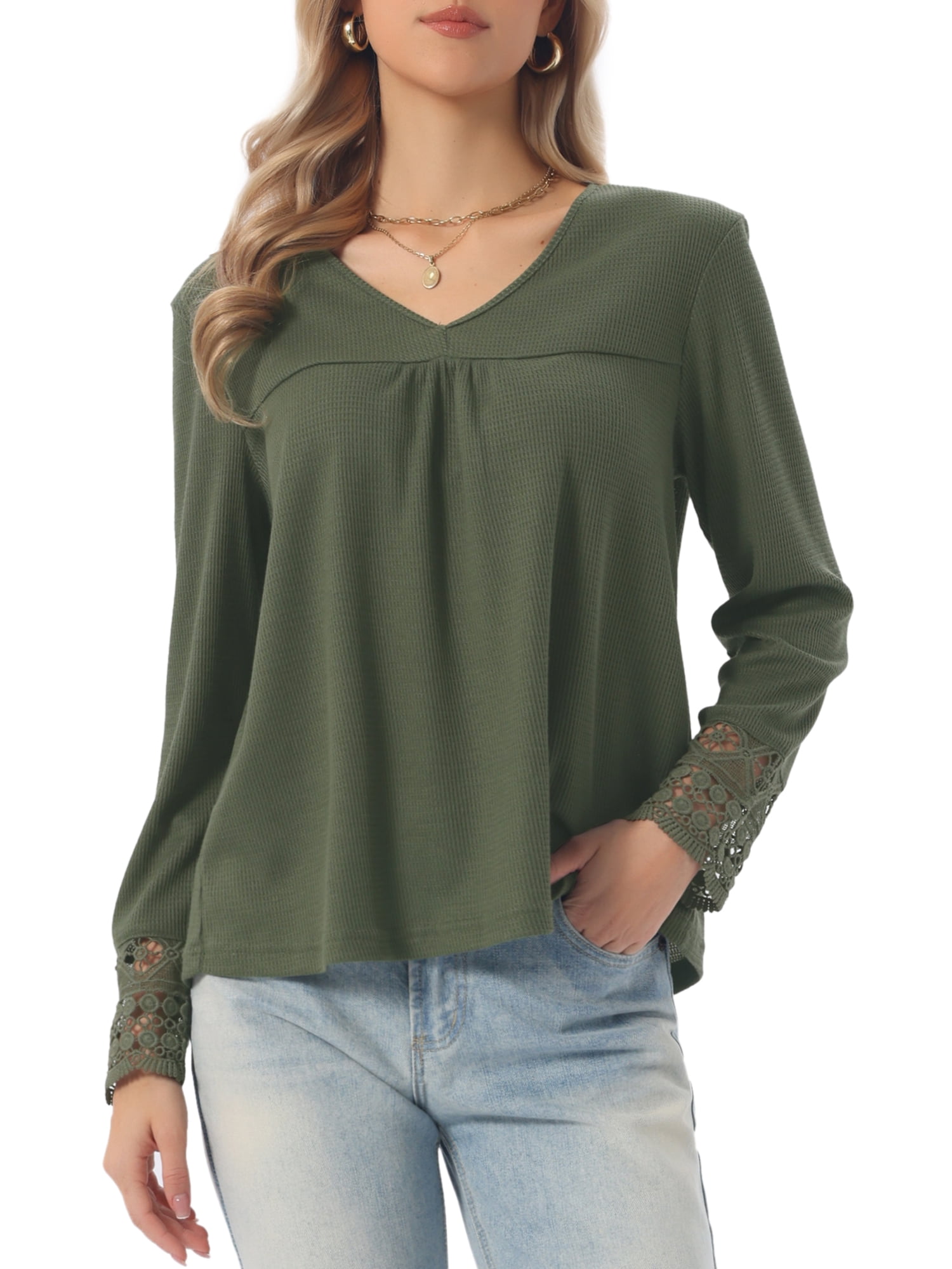 DARING DIVA Women's Long Sleeve V Neck Casual Tops Lace Blouses XS Army Green